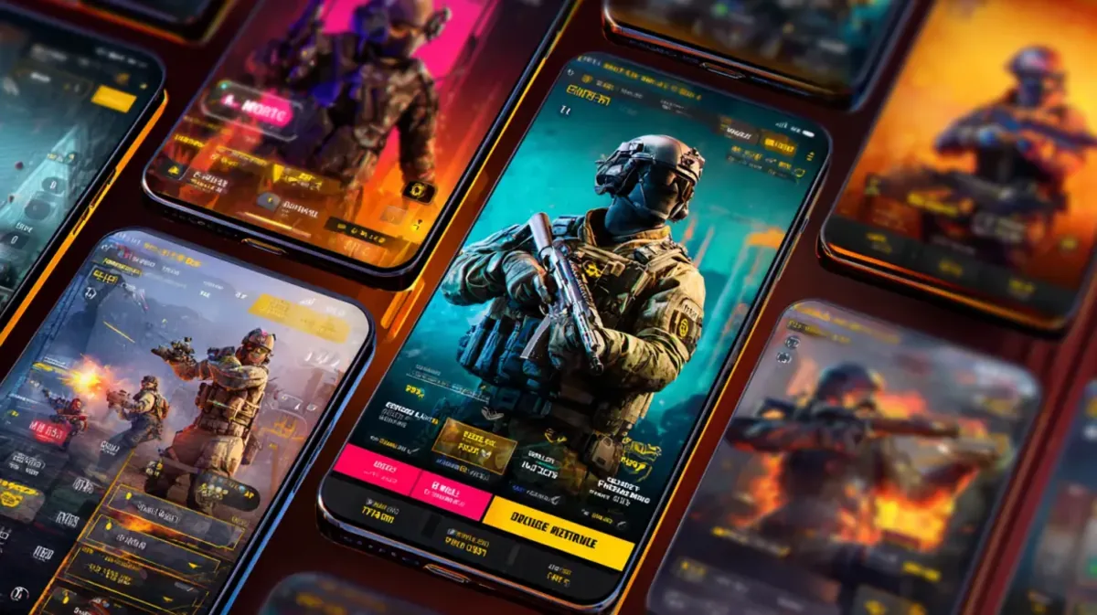 Um homem e uma mulher sorrindo enquanto cada um segura um smartphone, exibindo a interface vibrante de um jogo de caça-níqueis de cassino, mostrando a diversão do jogo móvel.