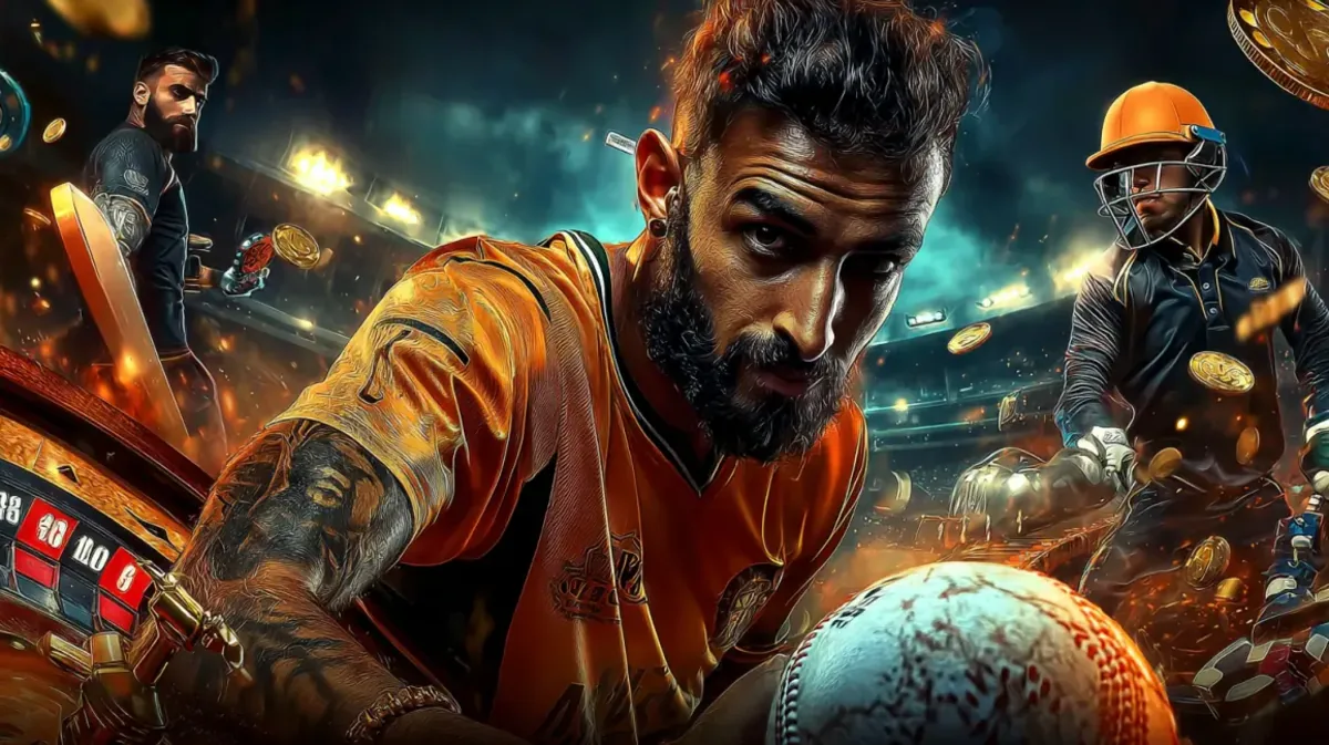 Jogadores de críquete em um ambiente estilizado de cassino, com um jogador principal em foco se preparando para arremessar uma bola, representando apostas esportivas em críquete.