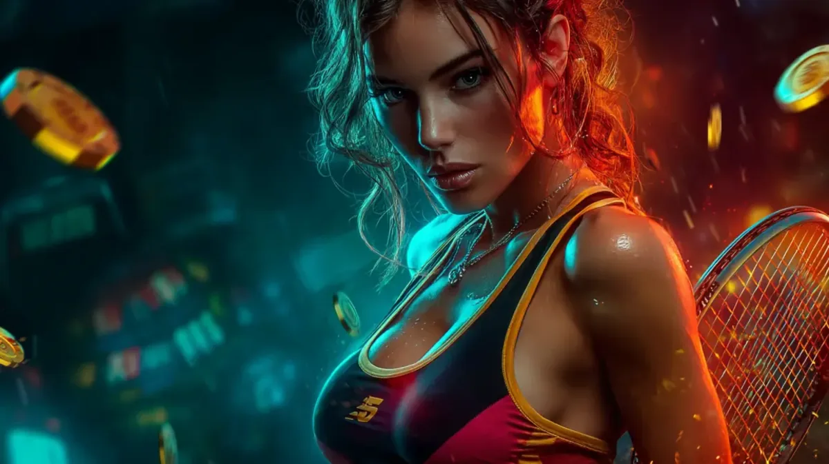 Uma mulher atleta de tênis em uma quadra, com iluminação dramática em azul e laranja e moedas flutuantes, promovendo as opções de apostas em partidas de tênis.
