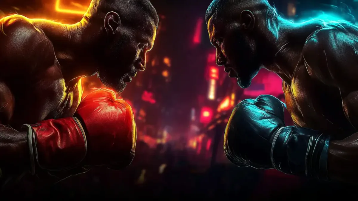 Dois boxeadores musculosos se encarando, prontos para lutar, com luvas de boxe vermelhas e azuis em um ringue com luzes de neon ao fundo, representando o mercado de apostas em boxe.