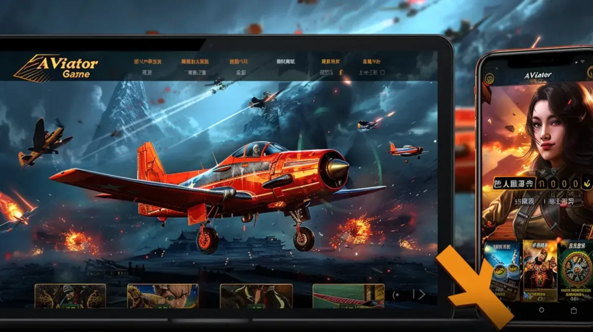 A interface do jogo Aviator Game em um tablet e um smartphone, mostrando um avião vermelho sobrevoando montanhas nevadas, com uma mulher piloto na tela do celular.