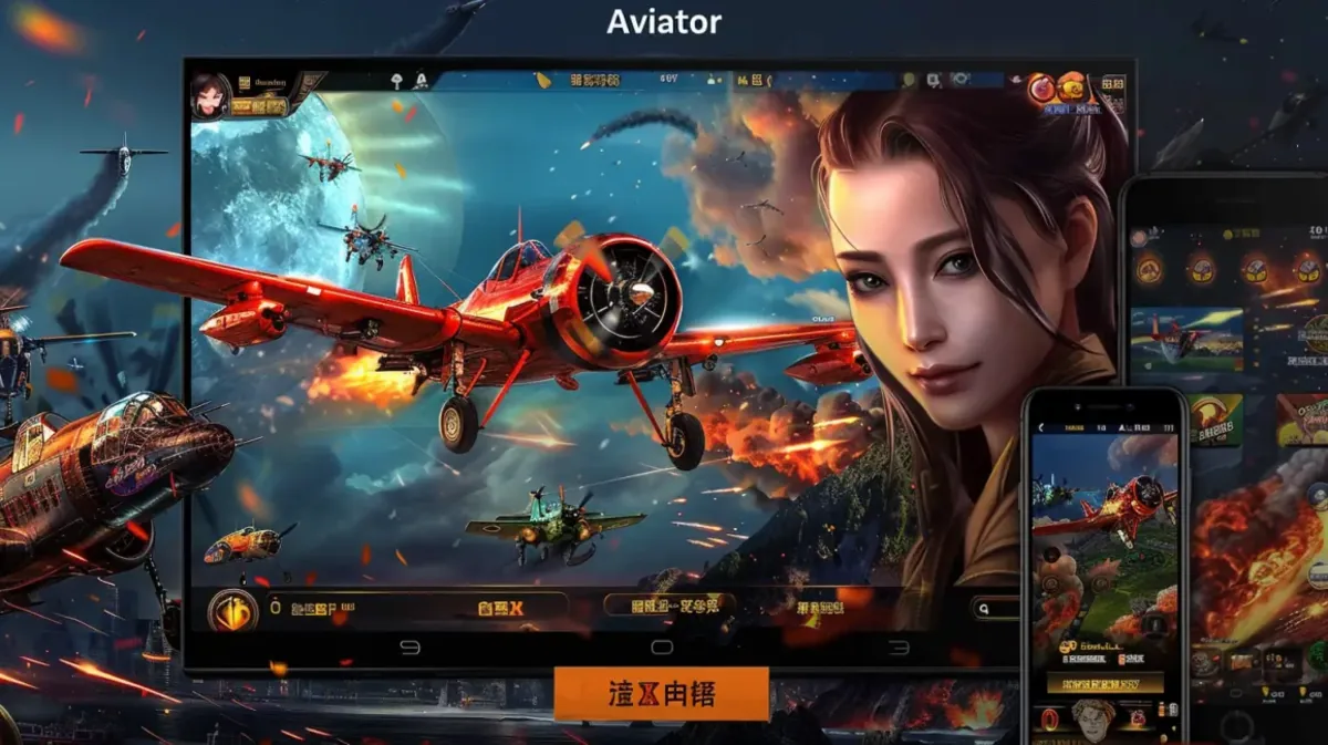 O jogo Aviator sendo exibido em uma tela grande, mostrando um avião vermelho voando, com uma personagem feminina piloto em primeiro plano e a interface do jogo em vários dispositivos.
