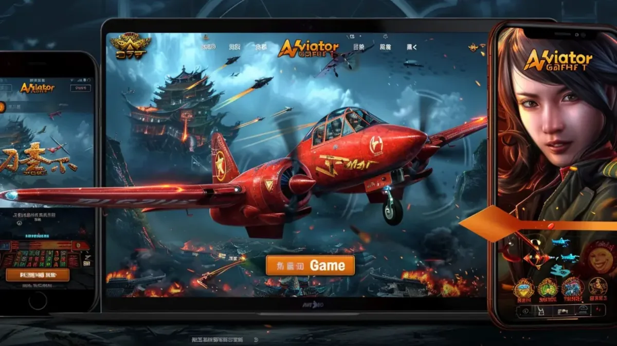 Interface do jogo Aviator em um laptop e celular, com um avião vermelho voando sobre um cenário com arquitetura asiática e navios, com uma personagem piloto na tela do celular.