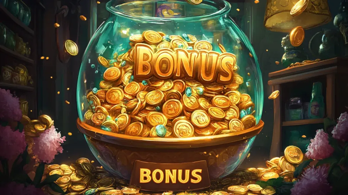 Um grande pote de vidro transparente transbordando de moedas de ouro brilhantes com a palavra Bônus em destaque, representando a abundância de recompensas e bônus disponíveis.