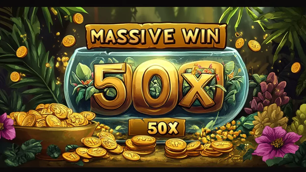 Uma tela de jogo de cassino exibindo uma vitória massiva com um multiplicador de 50x em letras douradas, cercada por moedas e plantas tropicais, simbolizando um grande prêmio de bônus.