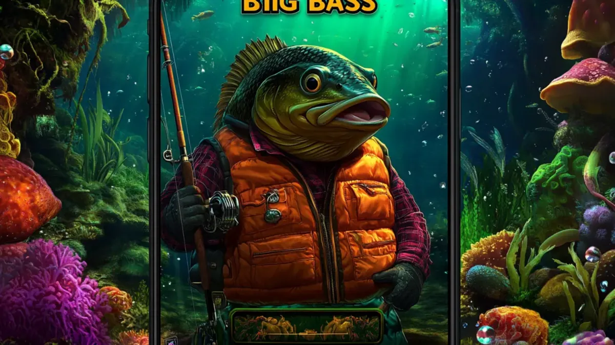 Um peixe grande, um robalo, vestido como um pescador com um colete laranja, segurando uma vara de pescar em um cenário subaquático vibrante, representando o jogo de caça-níqueis Big Bass.