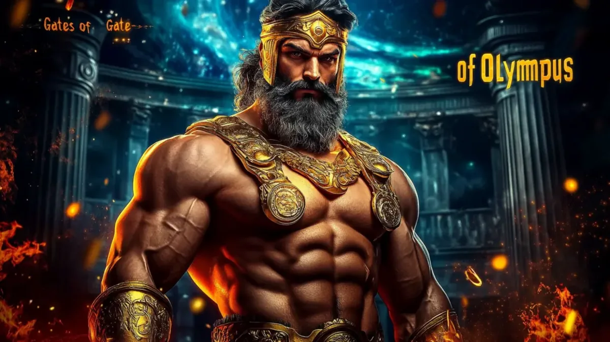 O poderoso deus grego Zeus, musculoso e com uma barba imponente, em frente aos portões do Olimpo, em uma cena dramática com fogo e pilares antigos para o jogo de caça-níqueis Gates of Olympus.