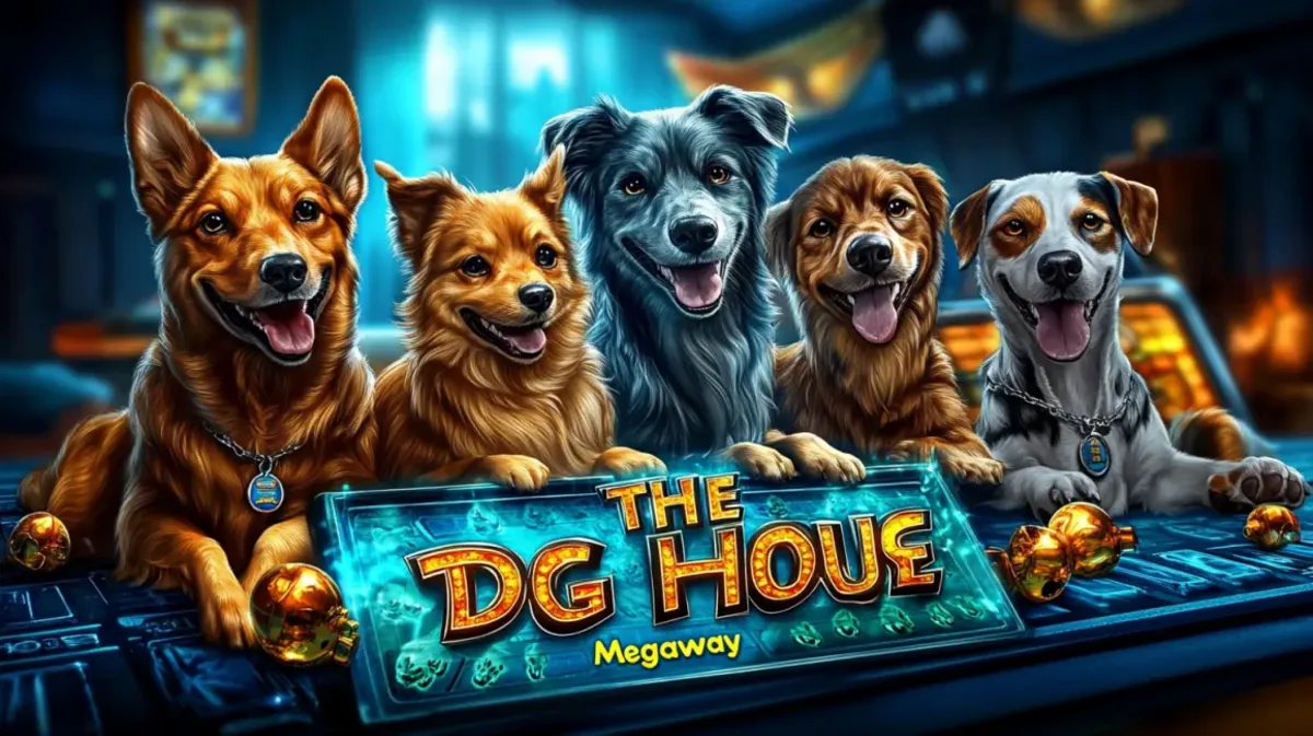 Cinco cães de raças diferentes sorrindo e posando juntos atrás do logotipo brilhante do jogo de caça-níqueis The Dog House Megaways, em um cenário de cassino.