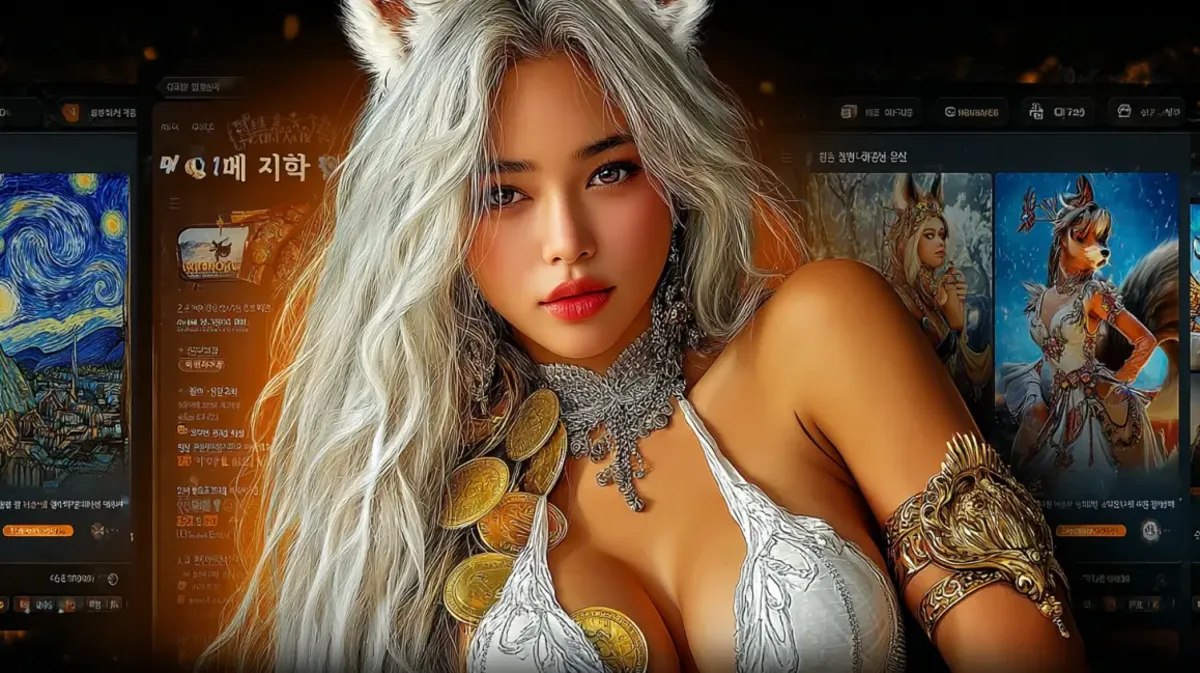 Uma mulher asiática elegante em frente a uma interface de jogo de cassino que exibe uma roleta, um guerreiro e outras opções, criando uma atmosfera de cassino ao vivo.