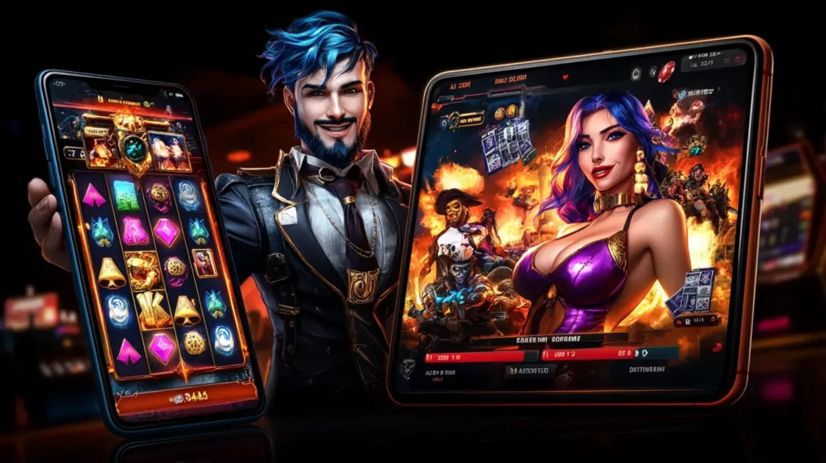 Uma mulher com cabelos brancos e orelhas de raposa em frente a uma interface de cassino online com várias opções de jogos, incluindo personagens de fantasia, simulando um lobby de cassino.