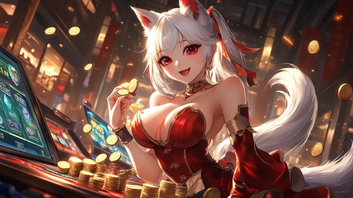 Mulher bonita em um top dourado e prateado contra um fundo de cassino vibrante, com uma roleta e moedas de bitcoin, representando o ambiente de um cassino ao vivo.