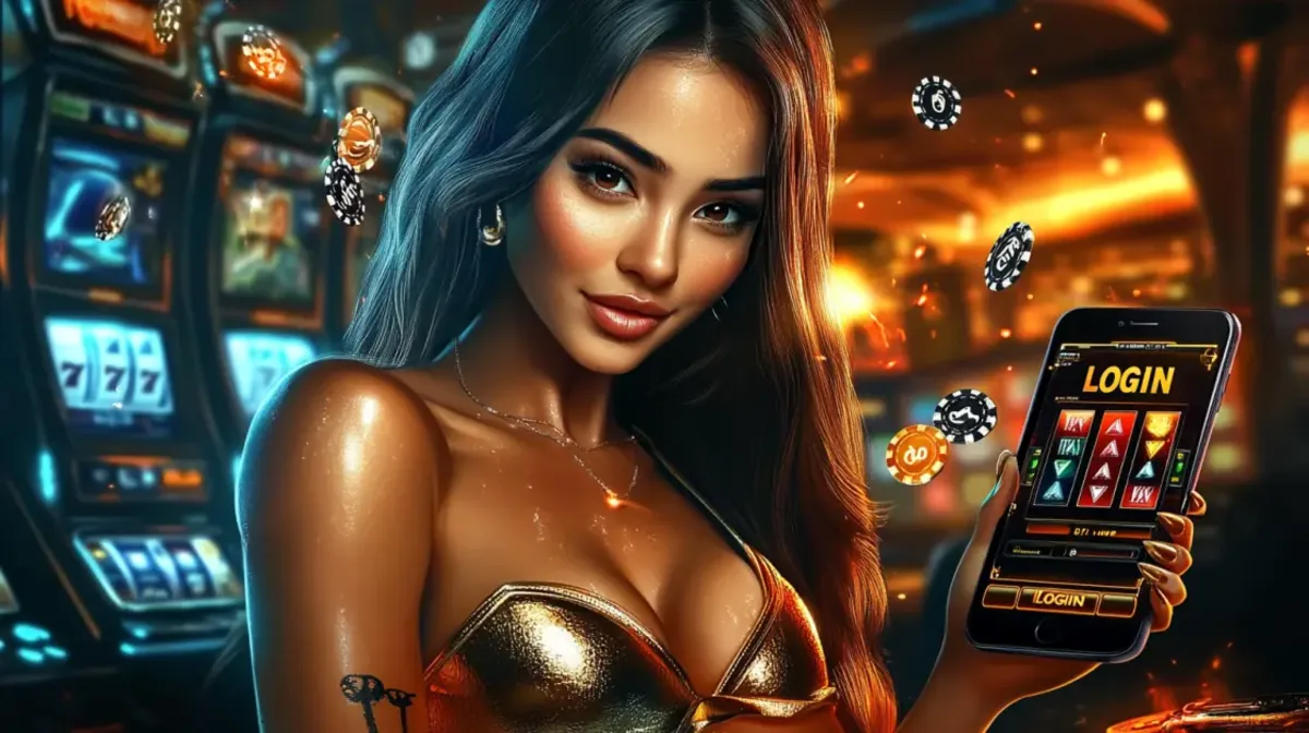 Uma mulher sorridente em um cassino, com máquinas caça-níqueis ao fundo, apresentando um celular com a tela de login do aplicativo de jogos e fichas de pôquer flutuando.