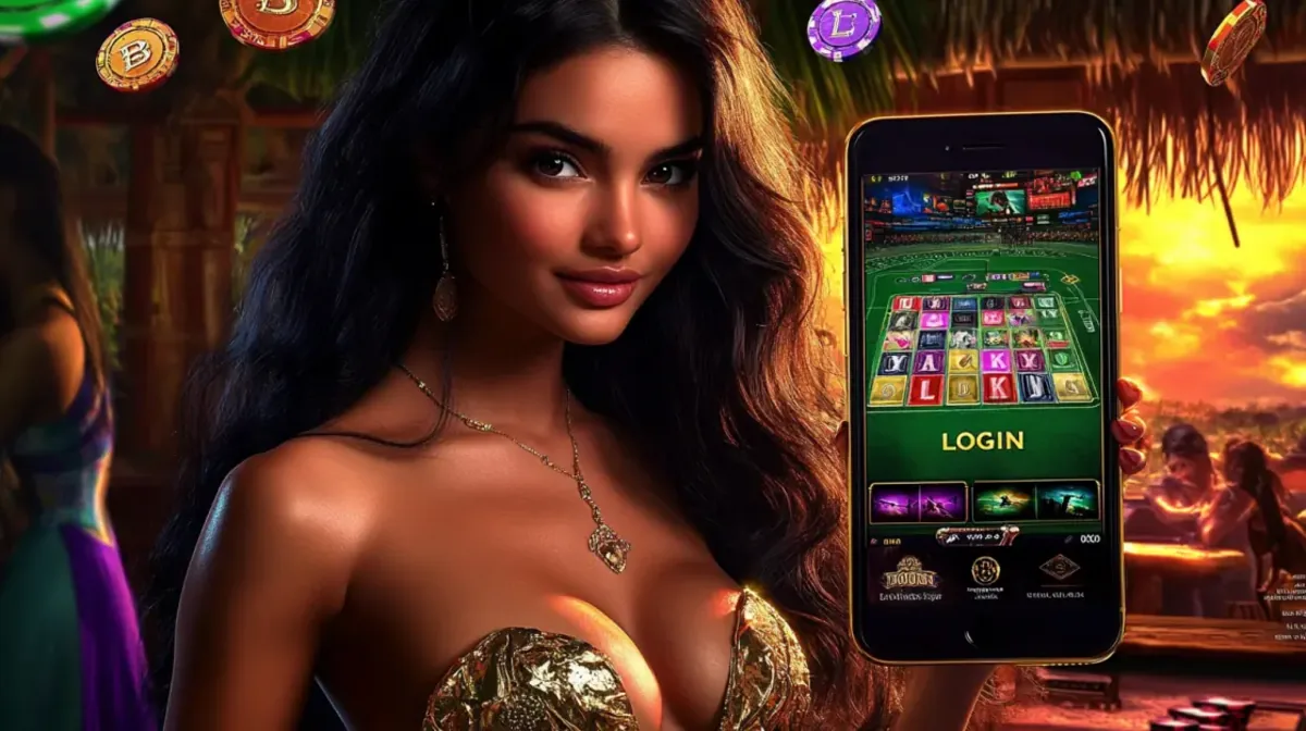 Uma mulher de cabelos escuros em um ambiente de praia tropical segura um smartphone que exibe uma tela de login para um aplicativo de jogo com um botão grande e verde.