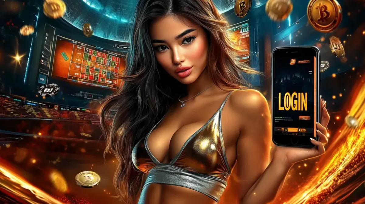 Mulher asiática com um top dourado em um ambiente de cassino luxuoso segura um smartphone mostrando a tela de login do aplicativo, com moedas de bitcoin flutuando ao redor.