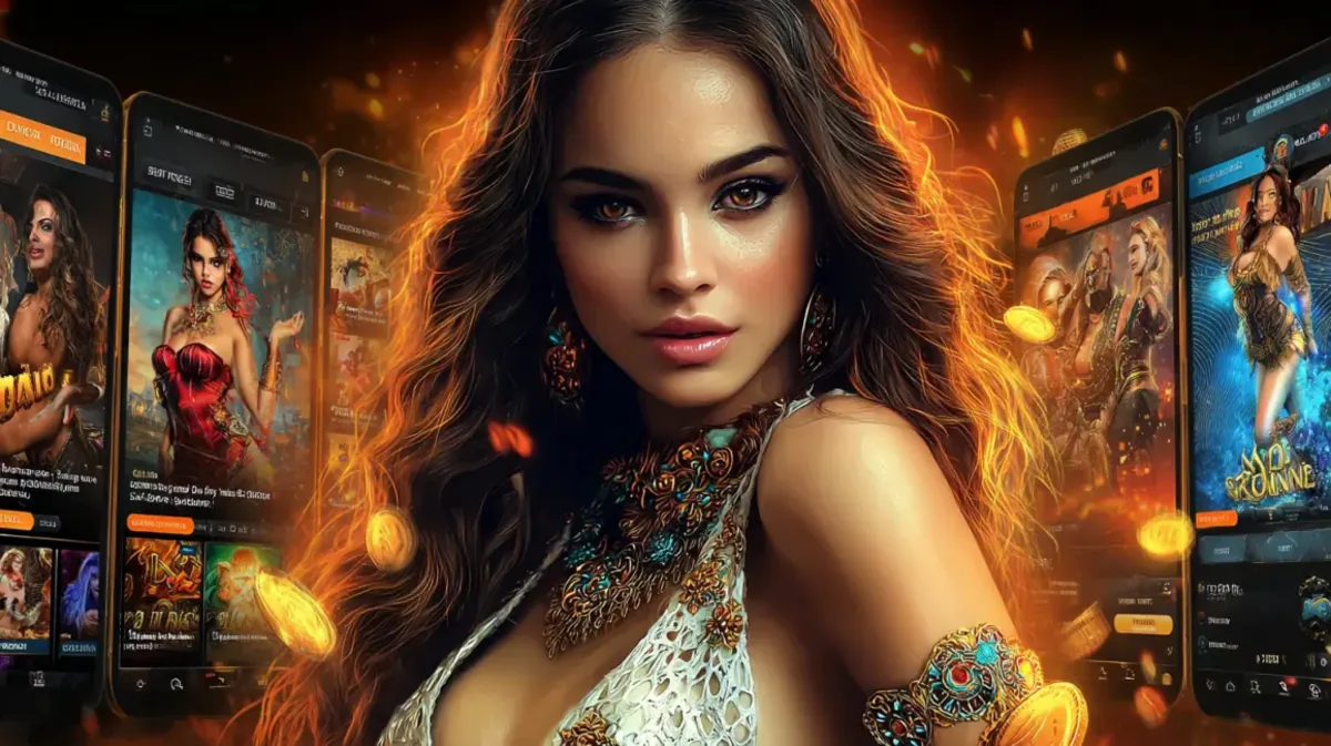 Mulher bonita com cabelo comprido e um olhar intenso, em um fundo de fogo e moedas de ouro flutuantes, cercada por smartphones que mostram a interface do aplicativo de cassino.