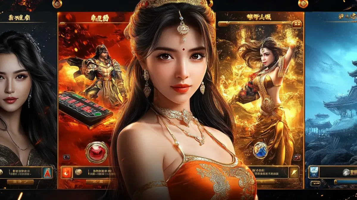 Uma personagem feminina com armadura de fantasia e cabelo comprido em frente a uma variedade de telas de jogos de caça-níqueis, incluindo um com a pintura Noite Estrelada e outro com um tigre.