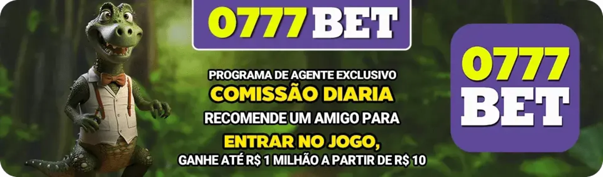 Banner do programa de agente exclusivo da 0777BET com um dinossauro mascote. Recomende um amigo, receba comissão diária e ganhe até R$ 1 milhão.