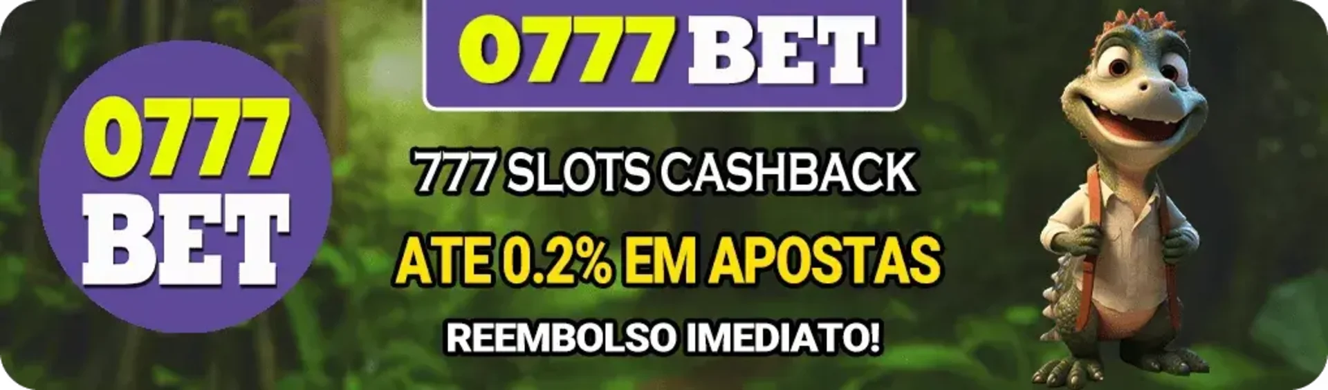 Banner promocional da 0777BET oferecendo cashback de até 0.2% em apostas nos 777 Slots, com reembolso imediato para os jogadores da plataforma.